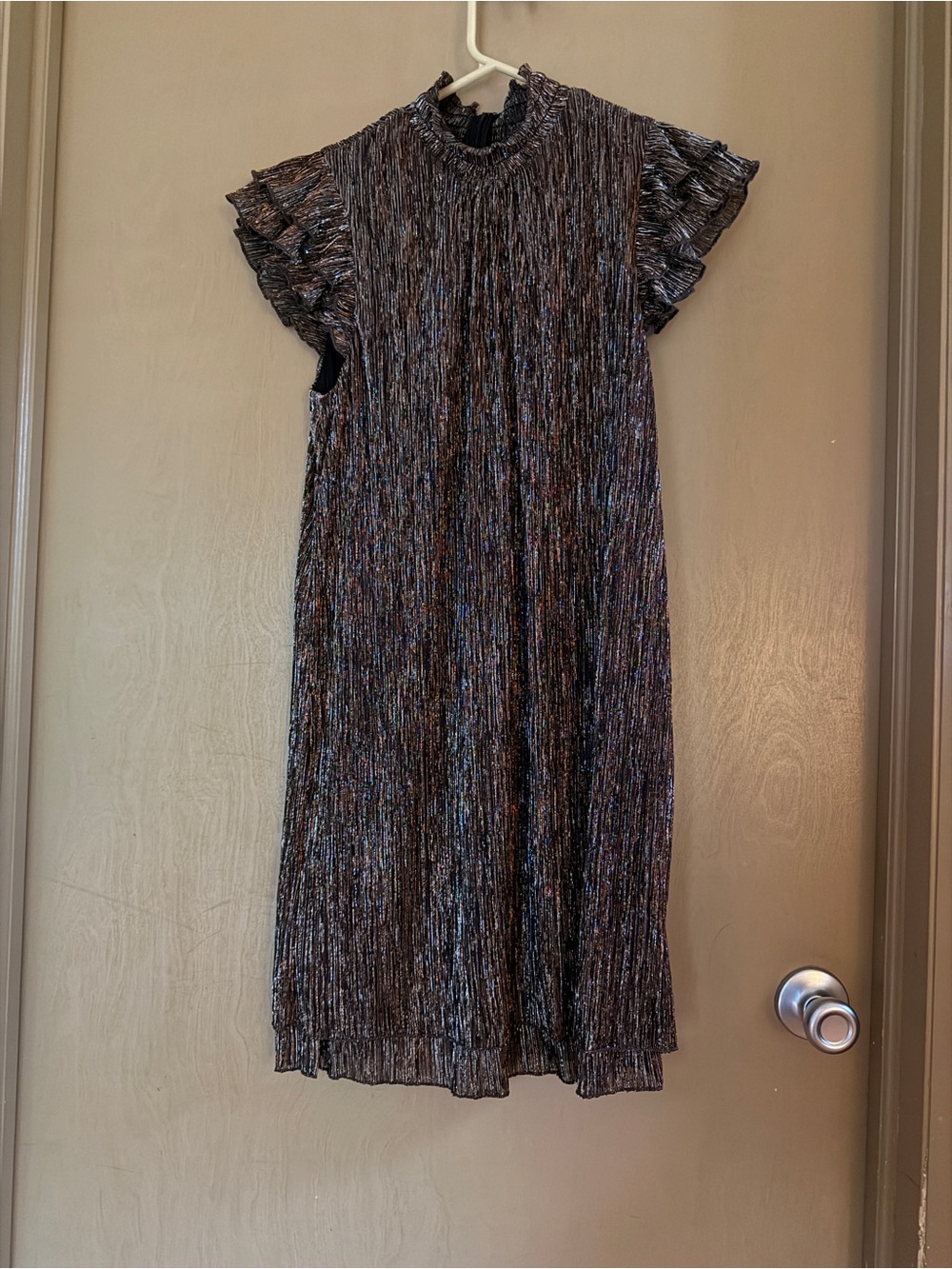 Chelsea28  Metallic Black Pleated Ruffle Sleeve Dress